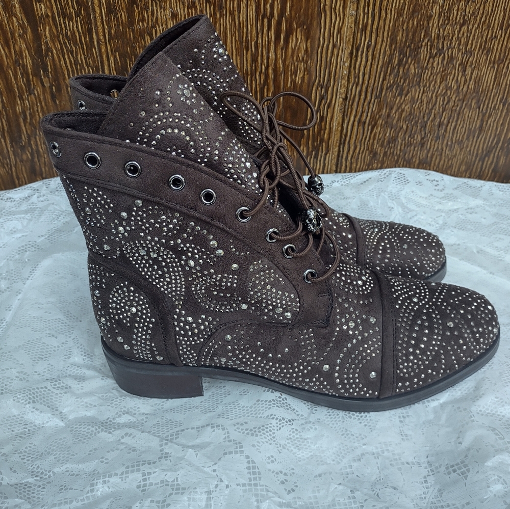 Nancy Li Brown Studded Embellished Ankle Lace Up Booties Women's 11